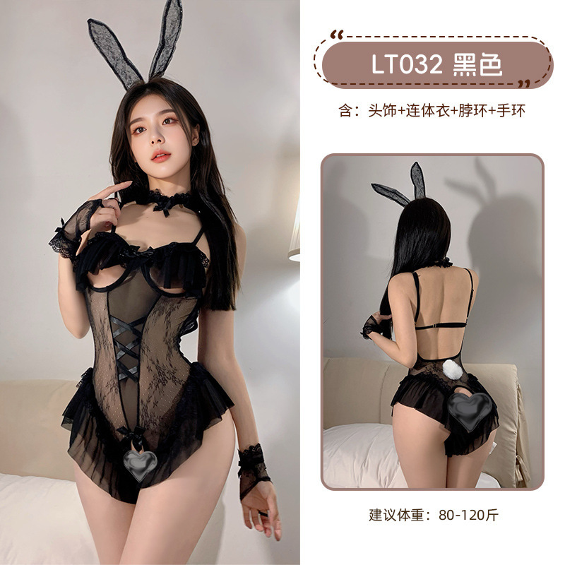 九里晴川俏皮兔女郎诱惑显瘦露胸性感开裆花边透视睡衣女制服套装 九里晴川LT032【萌兔开裆套装-黑】 均码