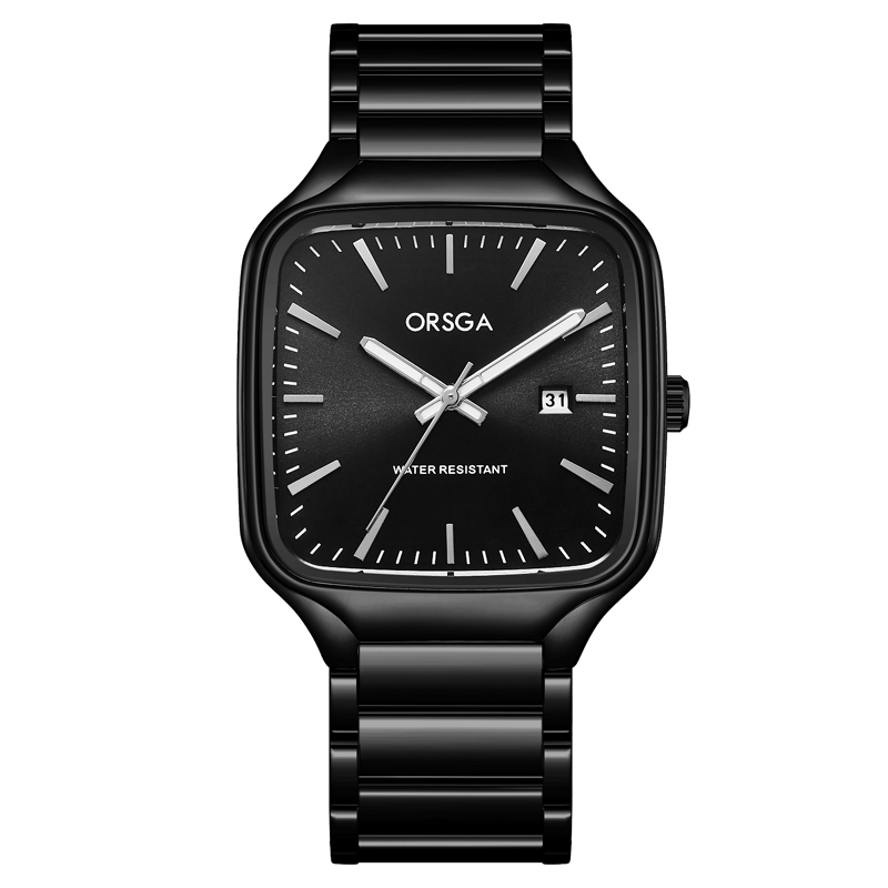 ORSGA手表男方形个性时尚百搭 简约男士手表双日历时尚休闲经典学生男表石英表腕表1189G 黑色黑面白针