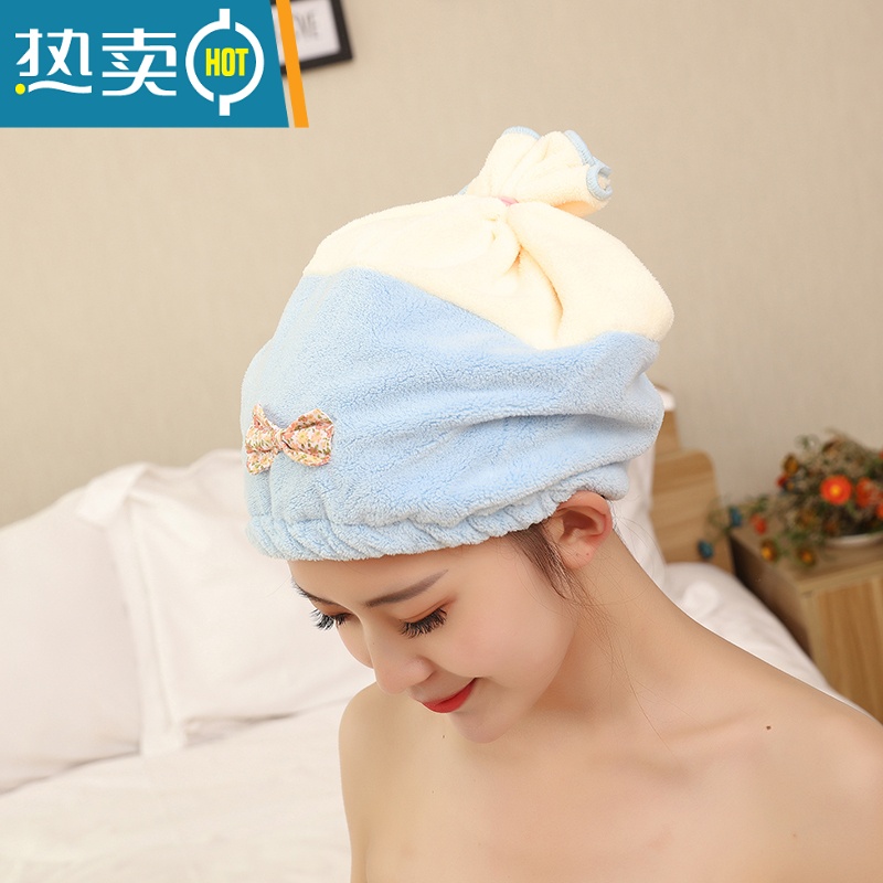 敬平创意干发帽加大加厚柔软吸水韩国可爱擦头发干发毛巾洗头浴帽 撞色圆帽黄蓝高清大图