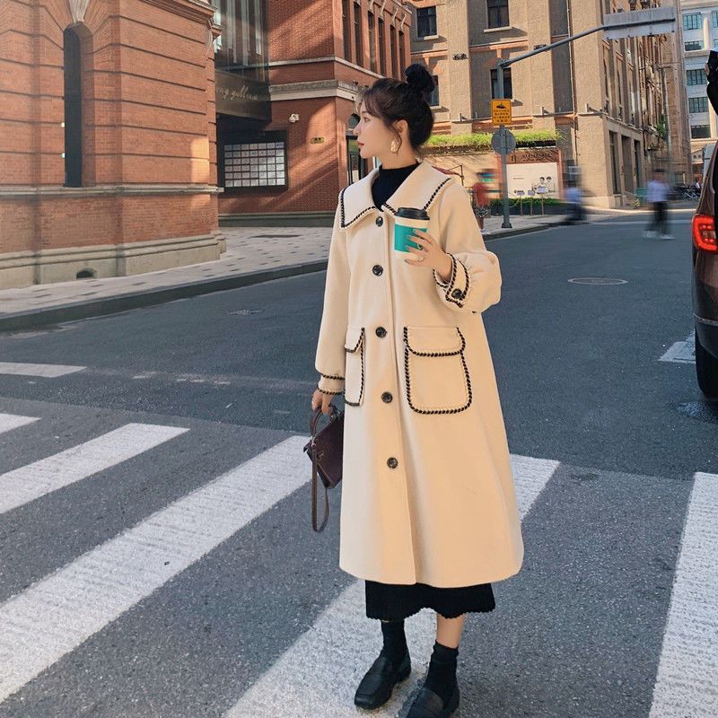 泡泡袖毛呢外套女2021秋冬新款中长款宽松显瘦小个子温柔呢子大衣