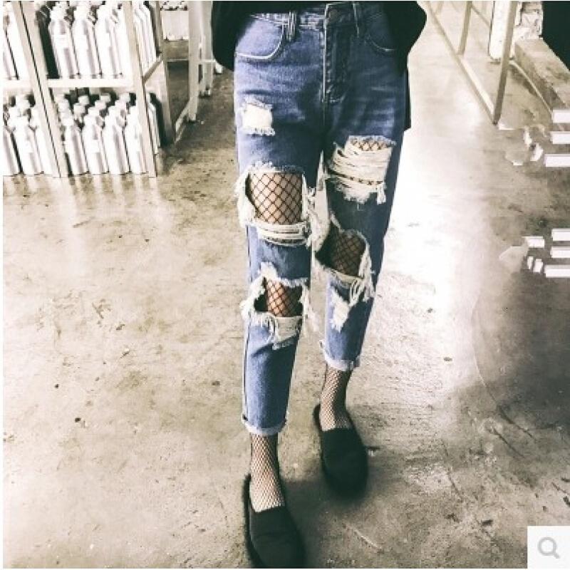 春夏季加肥加大女装春装200斤胖mm裤渔网破洞牛仔裤女宽松九分裤蓝色108