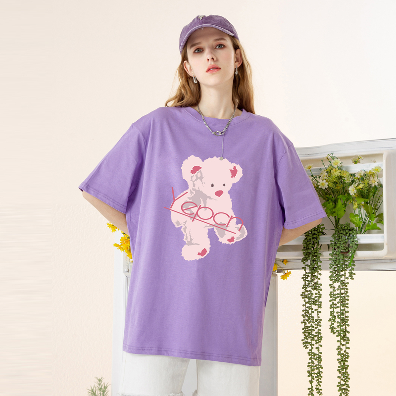 唐狮夏季新款短袖T恤男情侣同码小熊印花宽松纯棉半袖女潮牌