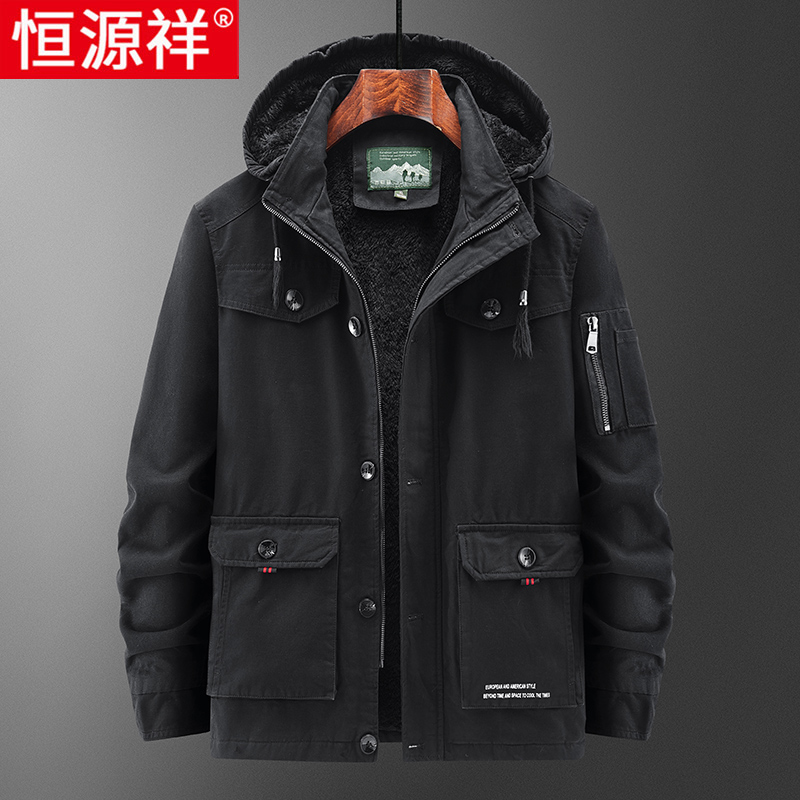 恒源祥棉衣男冬季棉袄加绒加厚冲锋衣外套男纯棉工装连帽男士冬装高清大图