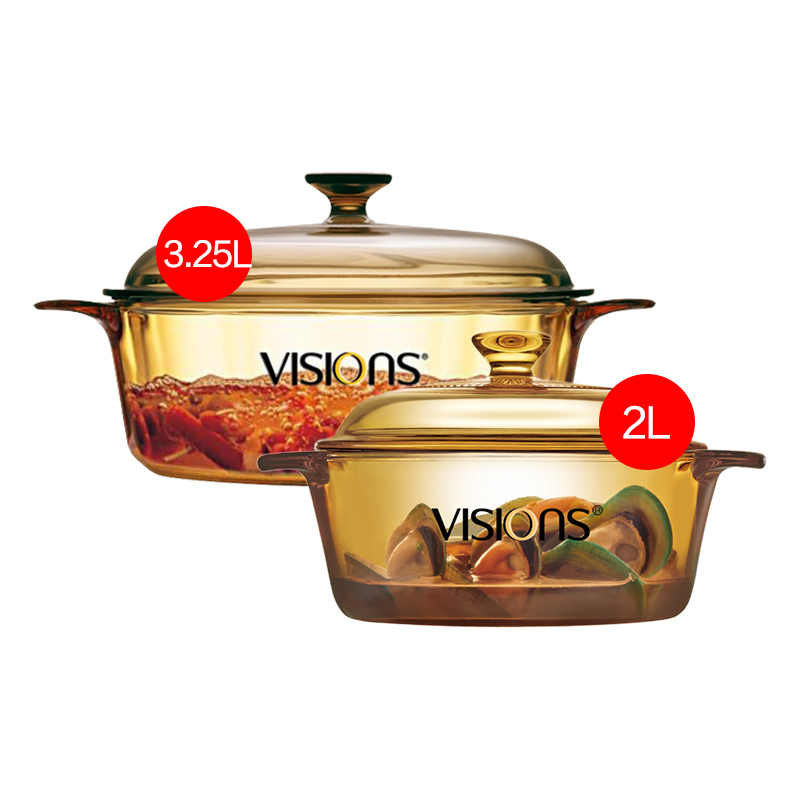 康宁（VISIONS）经典透明汤锅3.25L晶彩锅+晶典透明锅2L 套装锅 透明奶锅