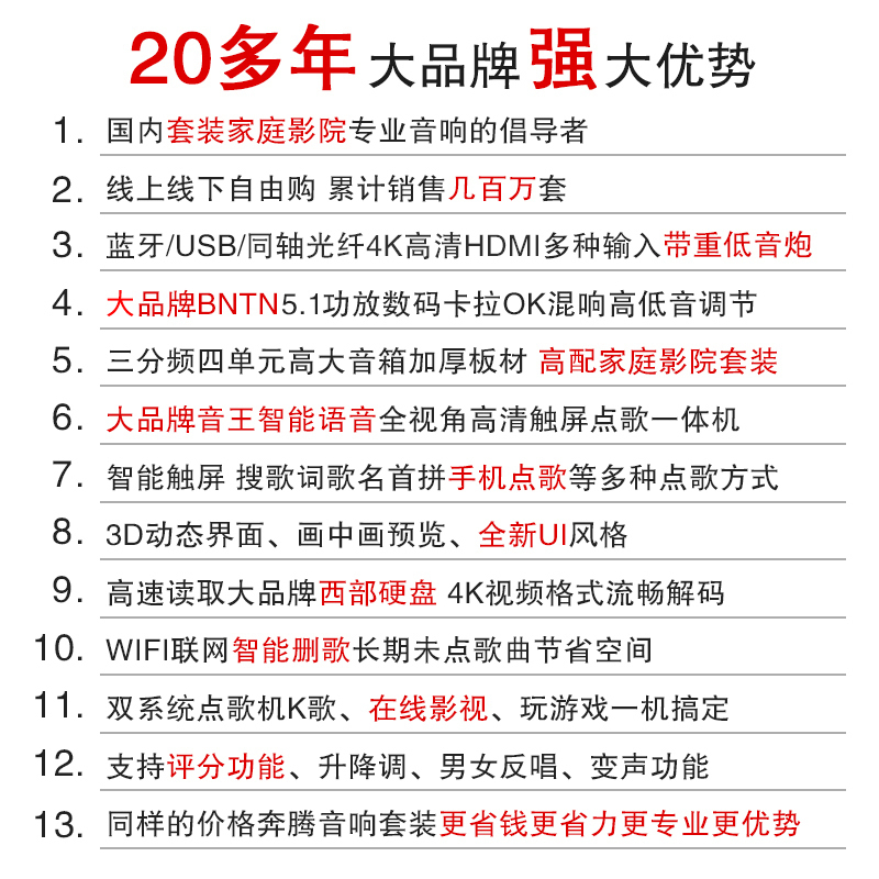 奔腾(BNTN)套装家庭影院KTV音响卡拉OK音箱组合点歌机电视客厅会议音响5.1声道功放低音炮无线话筒效果器全套