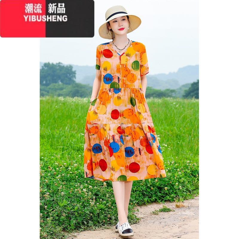 YIBUSHENG新款气质高端棉绸连衣裙女季中年妈妈装宽松中长款大摆沙滩裙图片