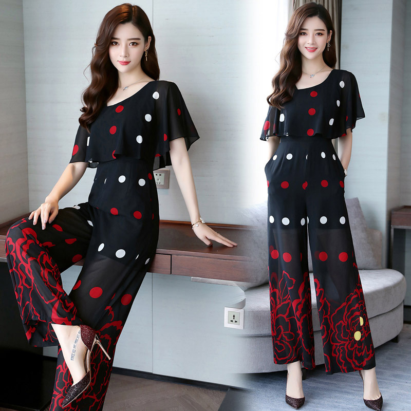 雪纺垂感阔腿裤连体裤夏装女士新品韩版时尚裙裤气质女神范套装潮