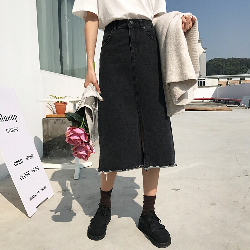 裙子女夏馨帮帮复古百搭牛仔裙韩版中长款高腰宽松港味chic半身裙烟灰色