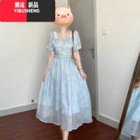 YIBUSHENG法式泡泡袖方领蓝色连衣裙女2024新款温柔高级感收腰气质长裙子