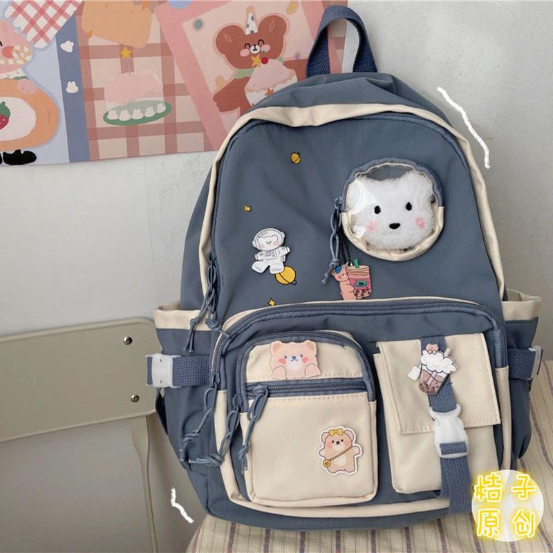 韩国ins可爱小熊学生书包女日系原宿古着感少女双肩包大容量背包 蓝色(无挂件无徽章) 收藏店铺 送礼物 优先发货