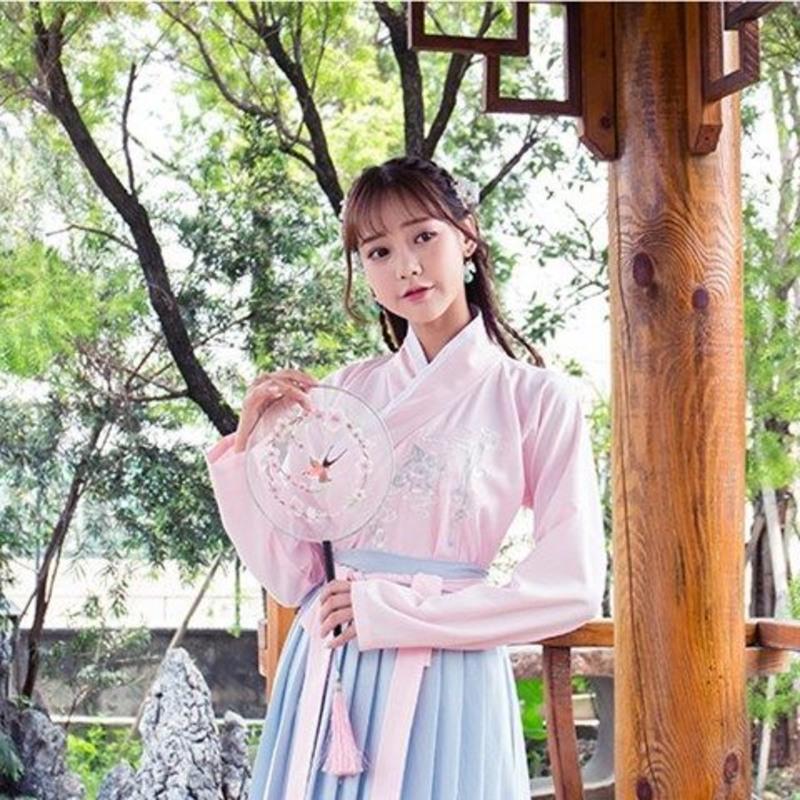 日常中国风改良汉服女古装 秋季复古刺绣齐胸襦裙 学生汉元素套装 粉色上衣 S