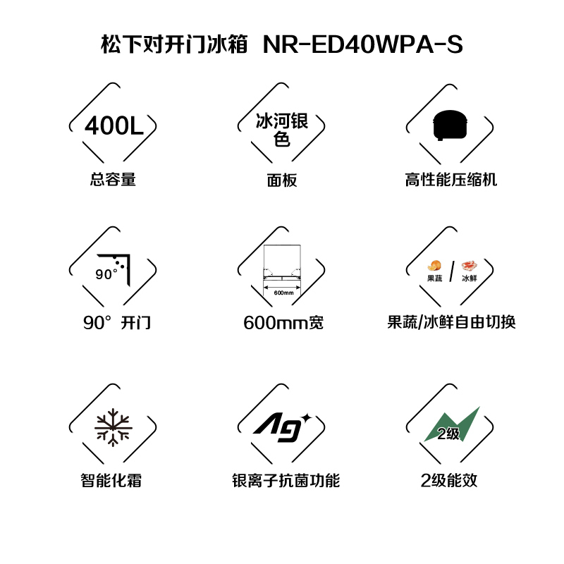 松下(Panasonic)多门小法式冰箱NR-ED40WPA-S 400L 银离子抗菌 占地面积小 小体积大容量四门分区