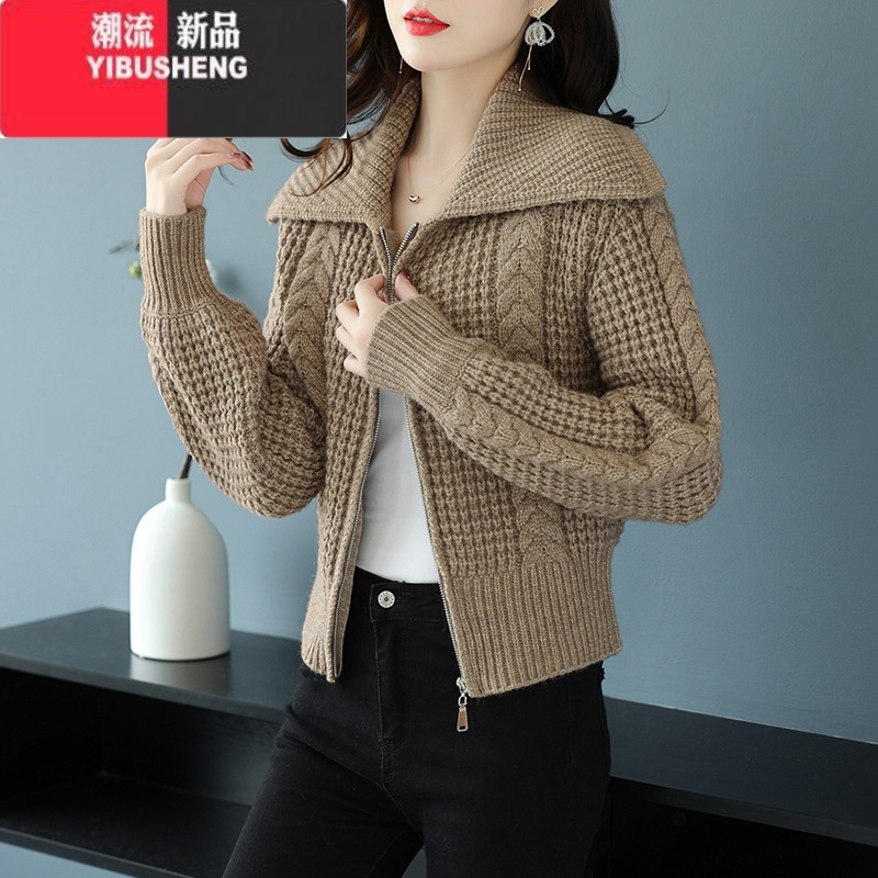 yibusheng开衫加厚粗线毛衣外套女冬2023新款配高腰裤子短款小个子