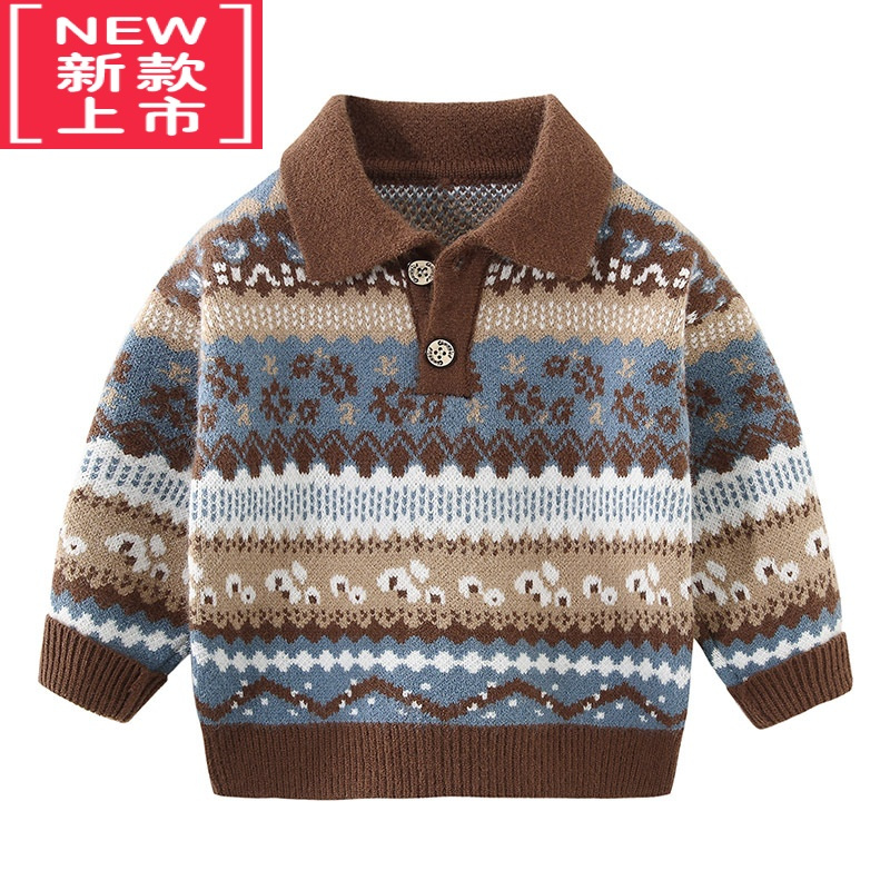 可莉允男童毛衣双层织厚款秋冬新款韩版儿童翻领毛线衣宝宝套头上衣
