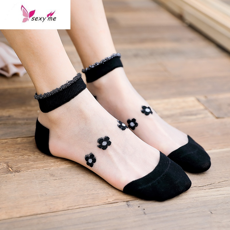 蕾丝袜子女花边短袜潮日系夏季玻璃水晶丝袜透明仙女船袜fishbasket