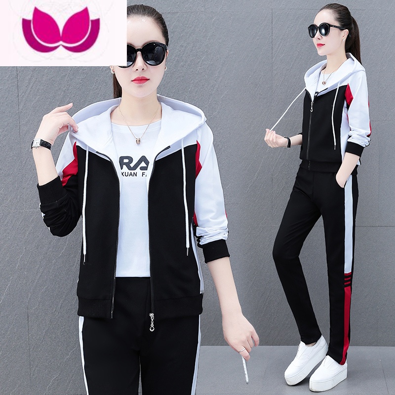七斓粉色运动套装女2023年新款时尚休闲薄款洋气减龄卫衣三件套 黑色(上衣+裤子两件套连帽款) XL(建议110-125斤)