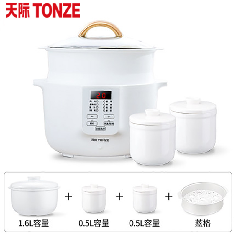 天际(TONZE)电炖炖锅陶瓷内胆单胆煲汤煮粥锅隔水炖盅燕窝甜品全自动预小炖盅大容量玻璃上盖DGD16-16BW2