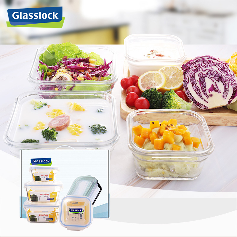 三光云彩(GLASSLOCK)韩国进口钢化玻璃保鲜盒四件套900ml*2+405ml*2便当饭盒可微波炉加热男女带饭套装