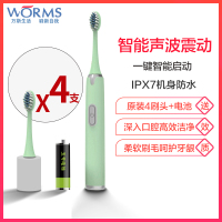 worms电动牙刷男女成人家用充电式软毛全自动牙刷防水声波牙刷 苹果绿 一档位电池款配(4刷头+5号干电池)