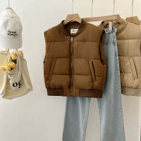 新款韩版宽松短款羽绒棉马甲女年时尚棒球领百搭马夹背心外套 L 咖啡