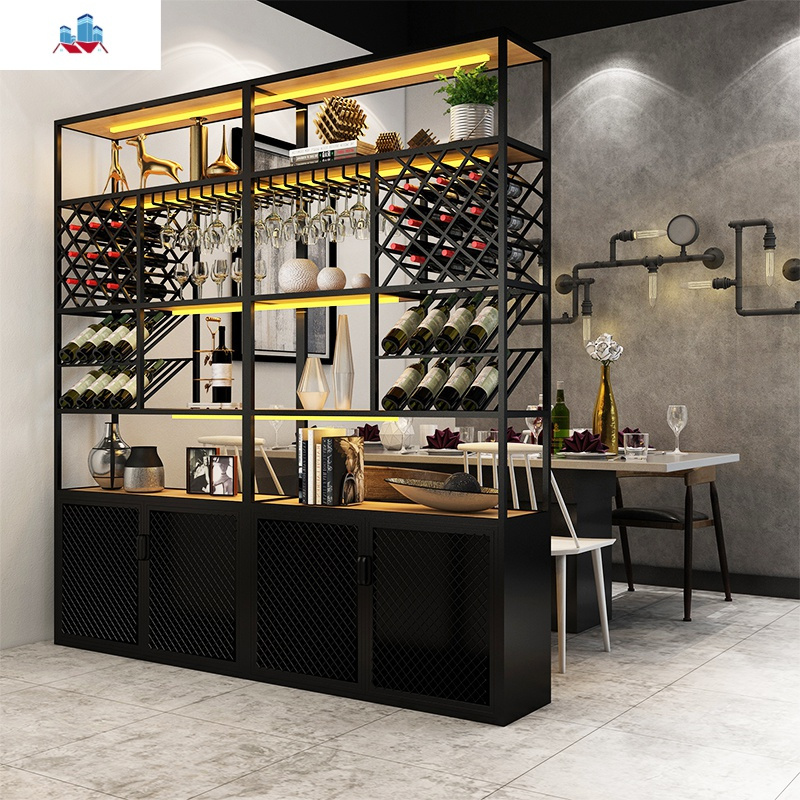 现代简约酒柜铁艺红酒架落地红酒柜展示架定制发光靠墙酒架置物架泰