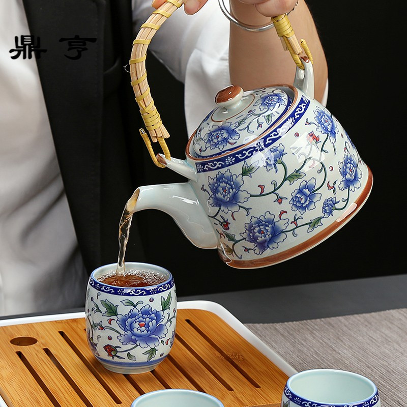 鼎亨650毫升陶瓷茶壶耐高温青花瓷提梁壶小号陶瓷壶带过滤家用