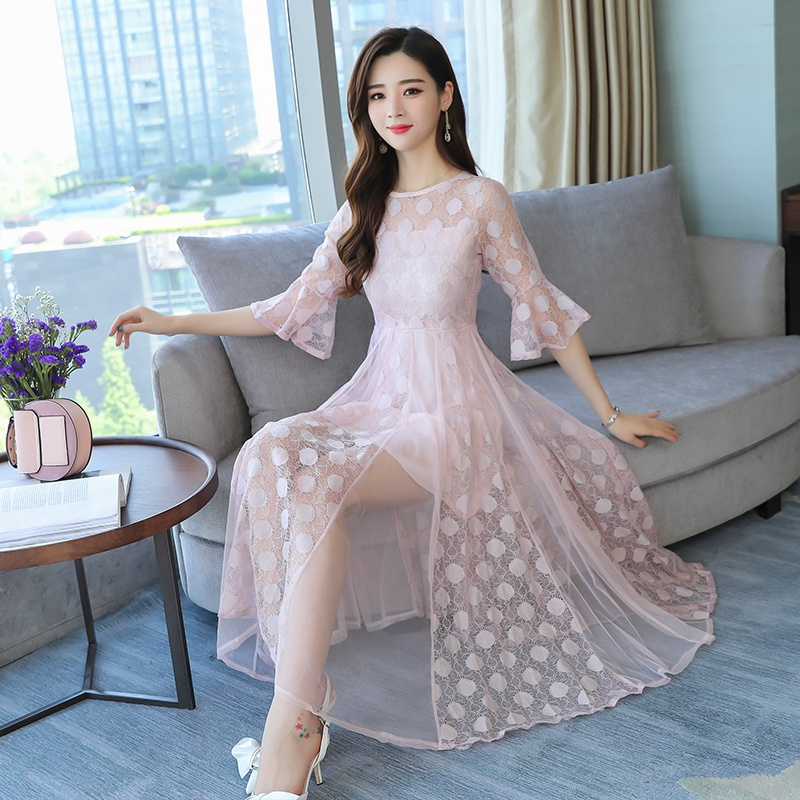 女士夏款新品女中长款温柔风气质蕾丝网纱连衣裙仙女女飘逸裙子潮