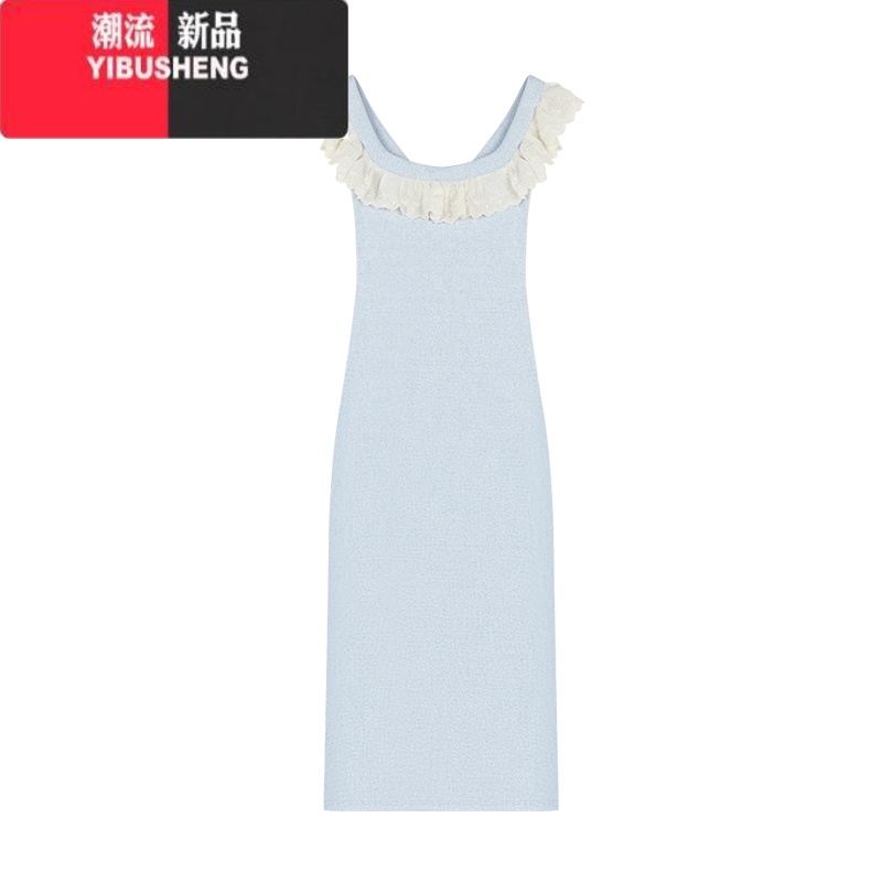 YIBUSHENG纯欲风花边撞色方领连衣裙女2024季修身收腰包臀裙长裙 蓝色 L