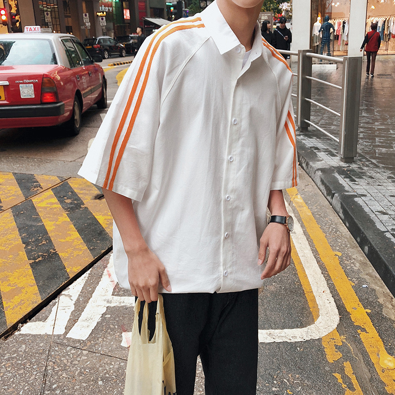 夏季年轻港风短袖衬衫男装五分袖寸衫纯色白色简约衬衣半截袖衣服