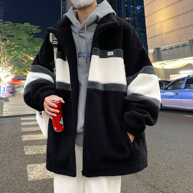 [1.5折价107元]唐狮外套男秋冬男装秋冬外套仿羊羔绒外套男立领左胸小标拼接款羔毛外套