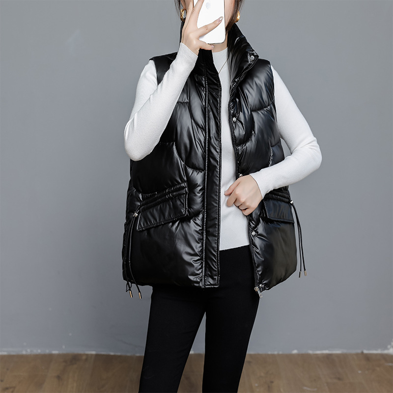 秋冬亮面马甲背心女中短款韩版宽松坎肩时尚ins立领免洗马夹外套