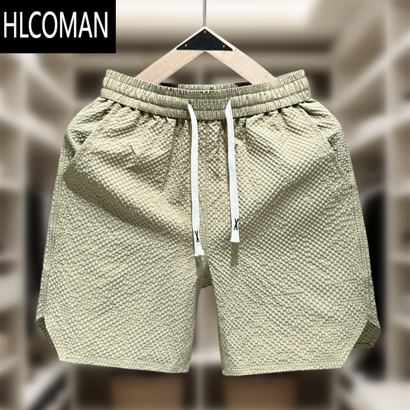 HLCOMAN欧洲站短裤发泡细格男款夏季外穿纯色五分运动裤男士沙滩大裤衩潮