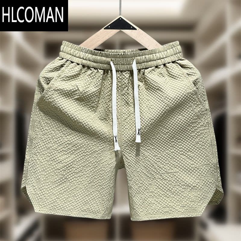 HLCOMAN欧洲站短裤发泡细格男款夏季外穿纯色五分运动裤男士沙滩大裤衩潮图片