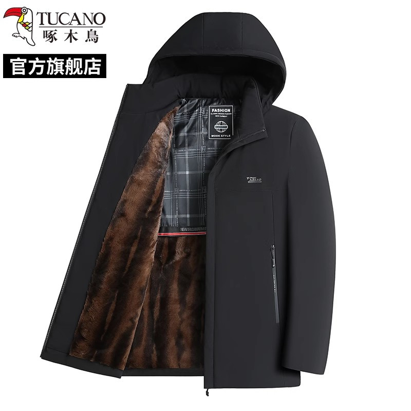 啄木鸟棉衣外套男2024新款冬季加绒加厚派克服中老年爸爸连帽棉服