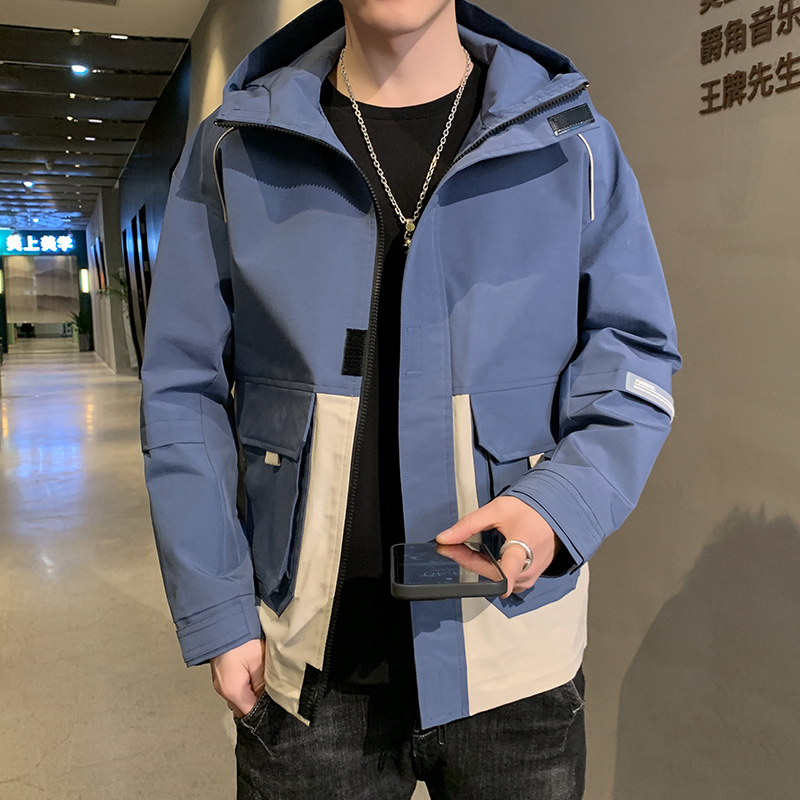 春秋薄款夹克连帽拉链大口袋工装痞帅外套男潮流百搭简约休闲衣服 dqc