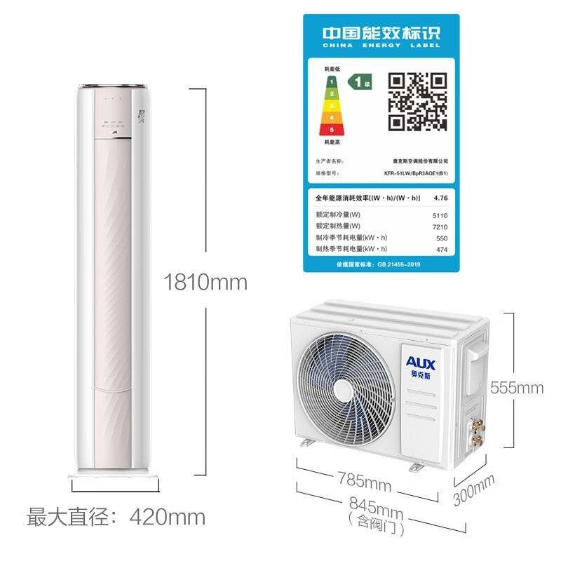 [国家补贴]奥克斯空调柜机2匹 家用变频冷暖空调 新一级能效 圆柱立式客厅柜机KFR-51LW/BpR3AQE1(B1)高清大图