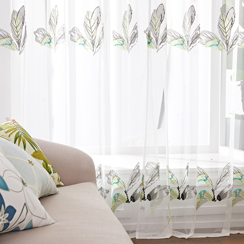 美式纱帘阳台纱客厅卧室飘窗小清新棉麻半透明窗帘透光遮阳窗纱布 兰叶黄花纱帘 宽3高2.6挂钩【高度免费裁剪】