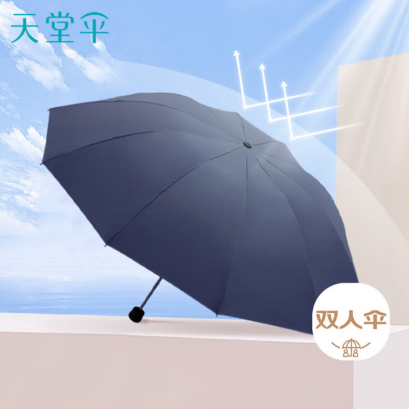 天堂加大晴雨伞三折33188E黑胶防晒10K加固黑胶晴雨两用伞下106CM藏青高清大图