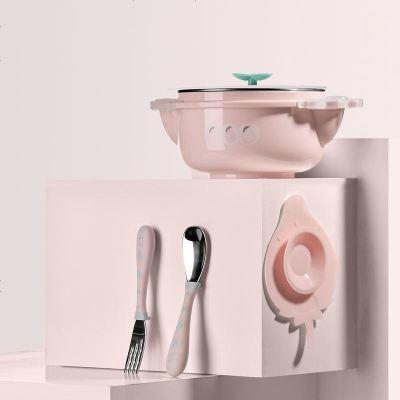 babycare儿童餐具 宝宝餐具注水保温碗套装 宝宝训练套装餐具不锈钢便携 草莓款 粉色3件套