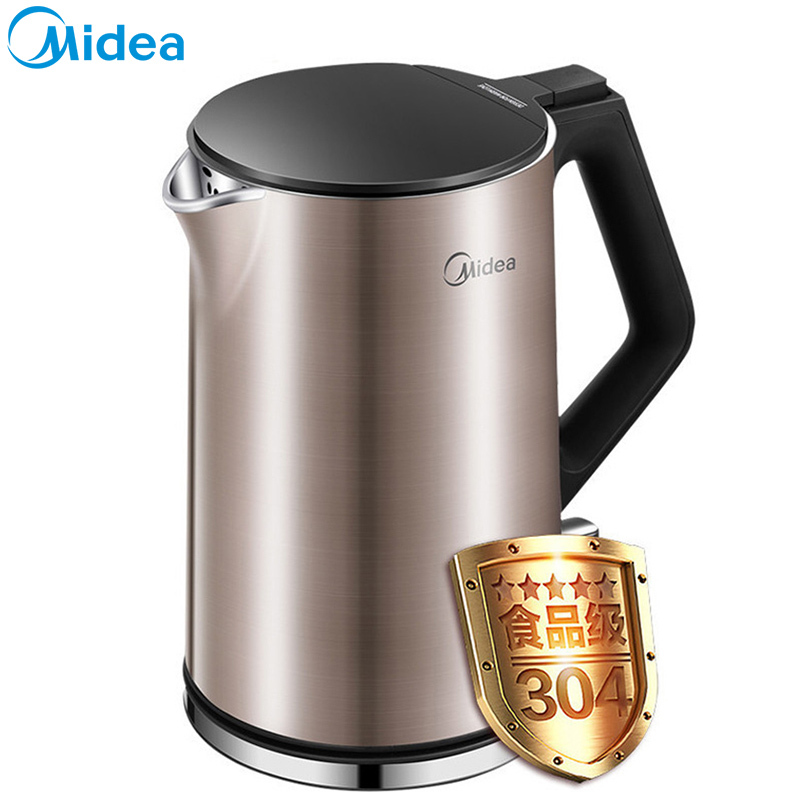 美的(Midea) 电水壶 WHJ1510a 1.5L 食品级304不锈钢 无缝一体内胆 双层防烫 智能烧水壶 棕色