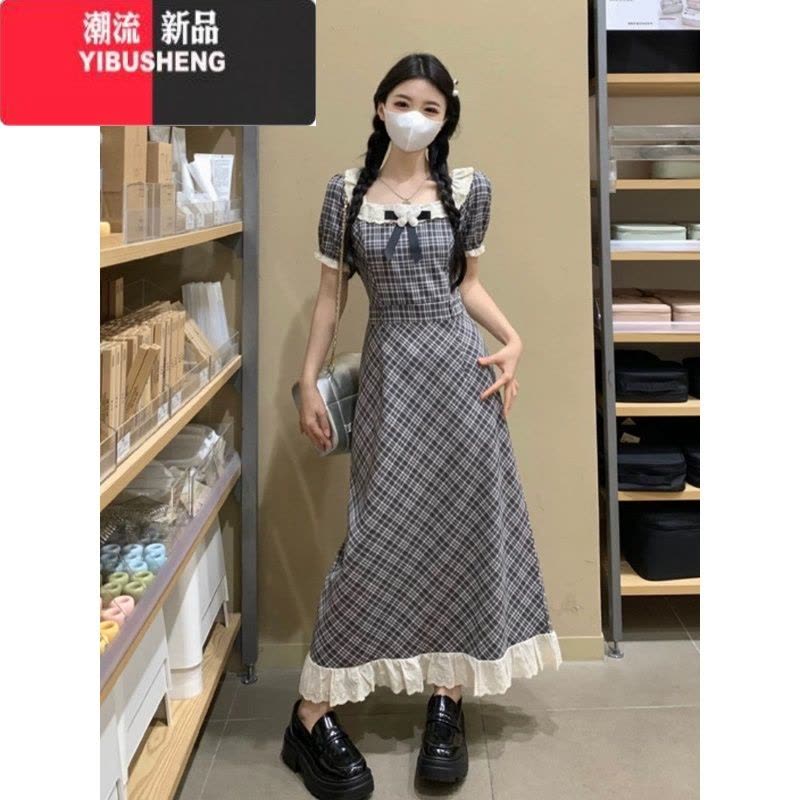YIBUSHENG学院风格纹泡泡袖连衣裙子女季2024新款高级感气质收腰显瘦长裙图片