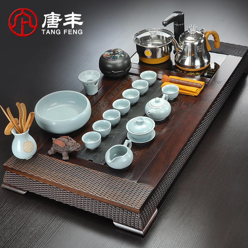 家柏饰(CORATED)大号黑檀实盘乌金石陶瓷功夫茶具套装四合一电热炉茶台z高清大图