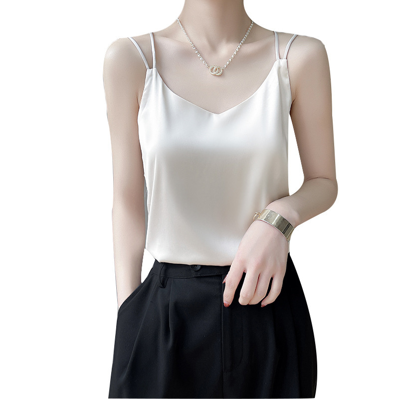 真丝吊带背心女内搭西装白色黑色打底缎面桑蚕丝上衣小夏季v领