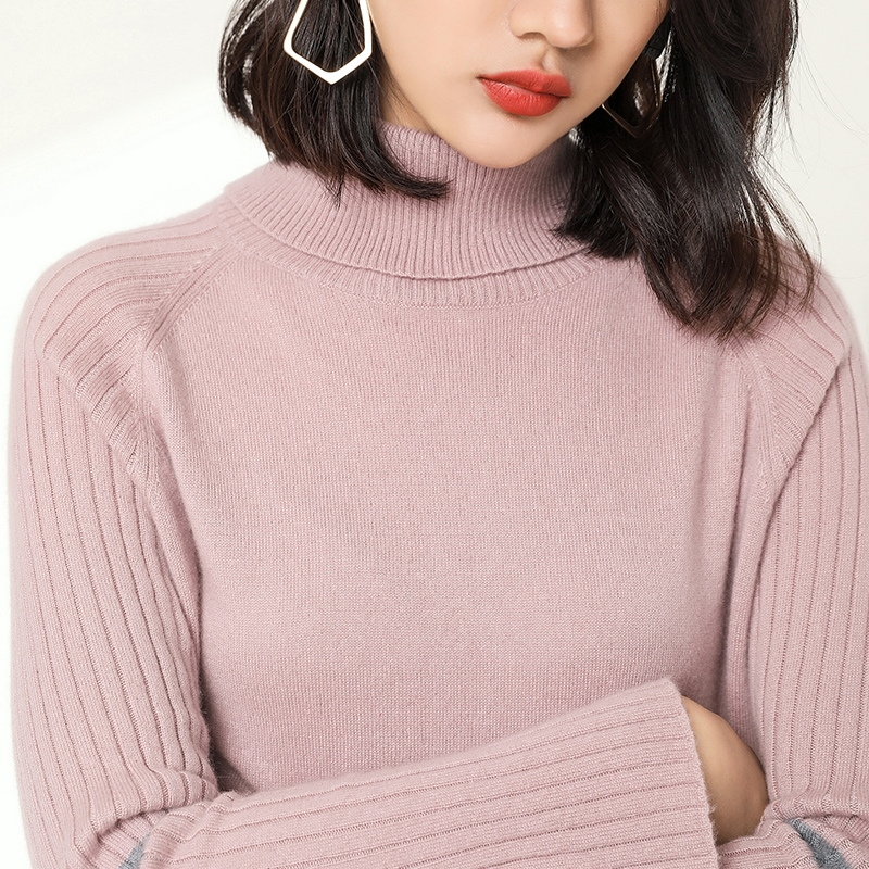 2018秋冬新款女士100%纯山羊绒衫中长款抽条打底衫修身针织衫
