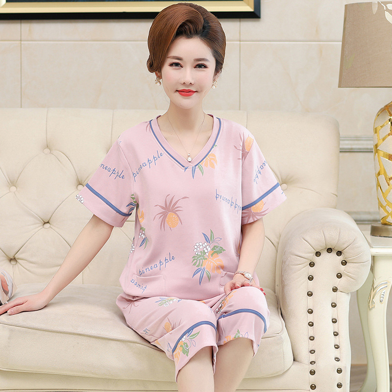 可外穿睡衣女夏季棉质短袖七分裤中老年妈妈宽松加大码家居服套装