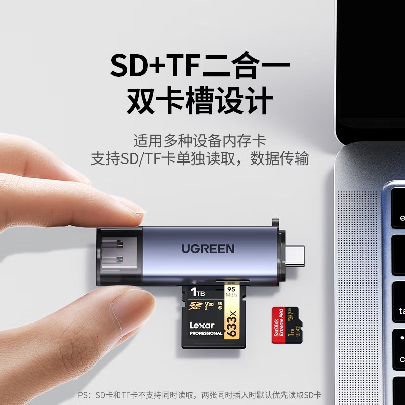 绿联USB/Type-C高速读卡器 SD/TF多功能 45032 适用电脑/平板/手机/苹果17/16