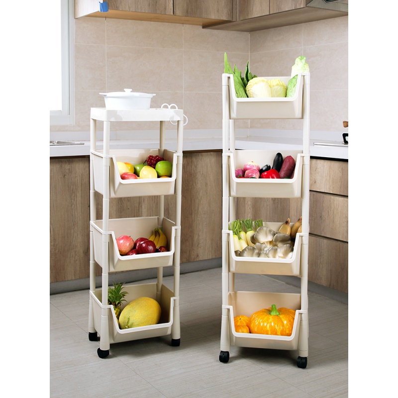 厨房蔬菜收纳架塑料置物架落地多层果蔬架子家用可移动收纳小推车