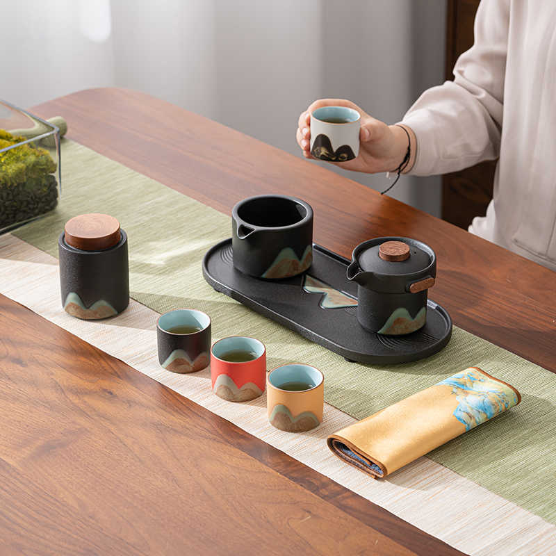 苏氏陶瓷(SUSHI CERAMICS)手绘釉画彩千里江山四色杯清风壶套装干泡盘禅黑文创伴手礼套组