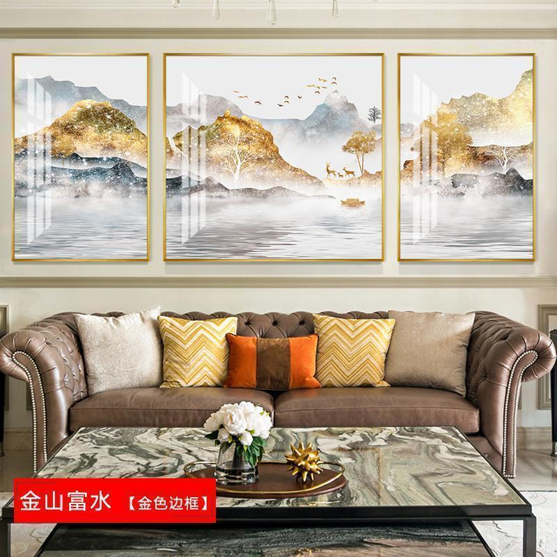 BONJEAN三联画轻奢电表箱装饰画家用配电箱遮挡挂画免打孔电闸盒电源推拉 金山富水 60*80cm三联套装（建议3-4米沙发）摩登黑【铝合金框】