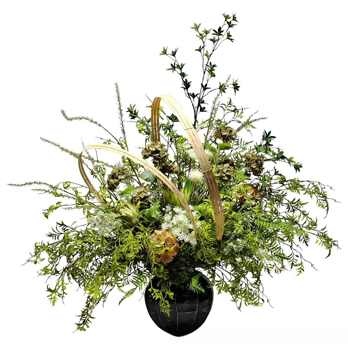 小窝厘 新中式仿真绿植花艺售楼处装饰玄关摆件(树脂花器+仿真花+竹编)货号1400